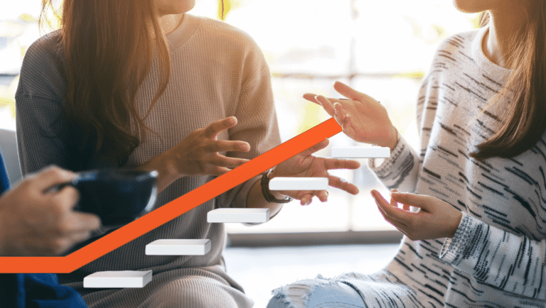 A community of people talking with a line chart showing growth.