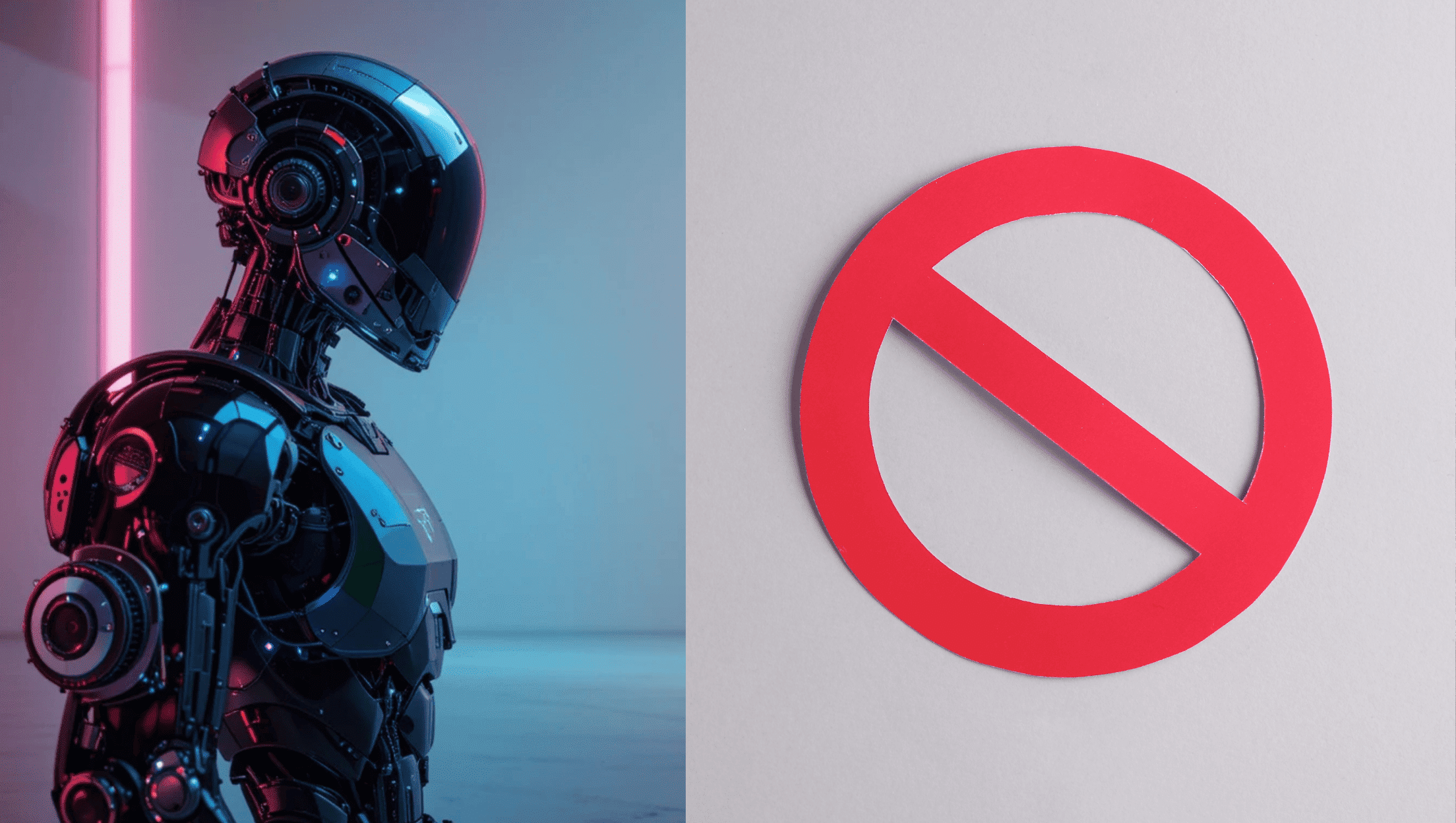 Side by side images showing a cyborg and a denial symbol to symbolize reddit karma bots and their value for users.