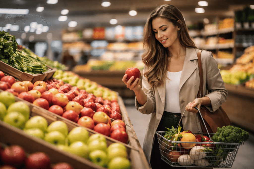 A woman shops at a supermarket.