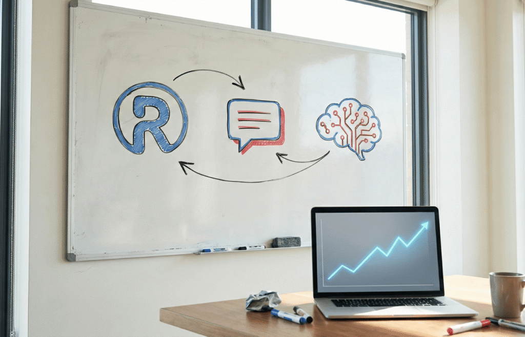 A whiteboard showing a simple Reddit marketing strategy.