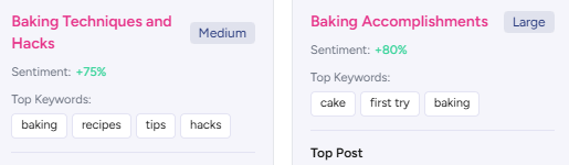 Topic clusters showing the kinds of conversations to expect in specific communities.
