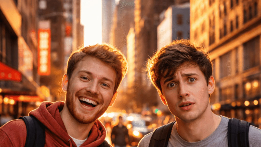 Two people, one looking happy, the other looking concerned.