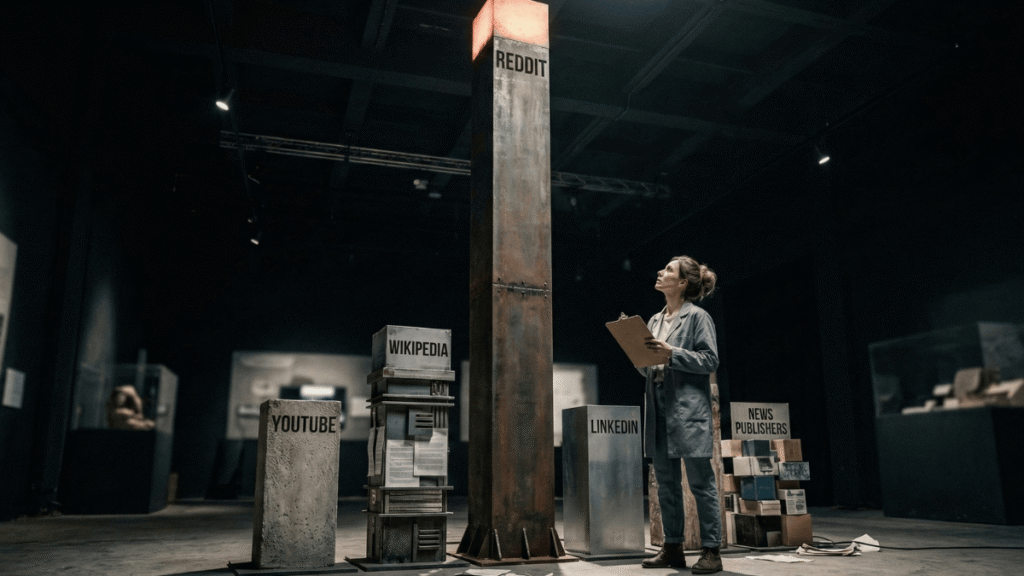 A rendering of a researcher examining a 3d bar chart showing LLM citation sources.