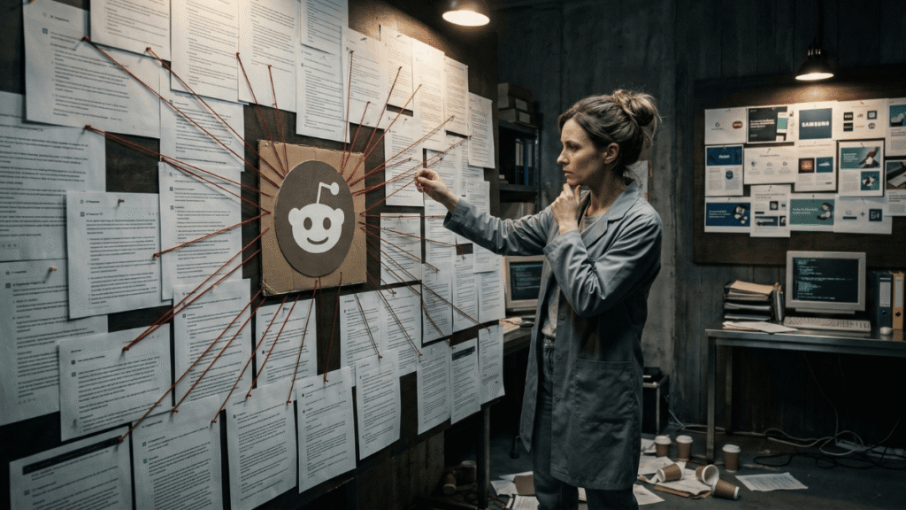 A rendering of a content strategist in front of a board with red yarn connecting papers to Reddit.