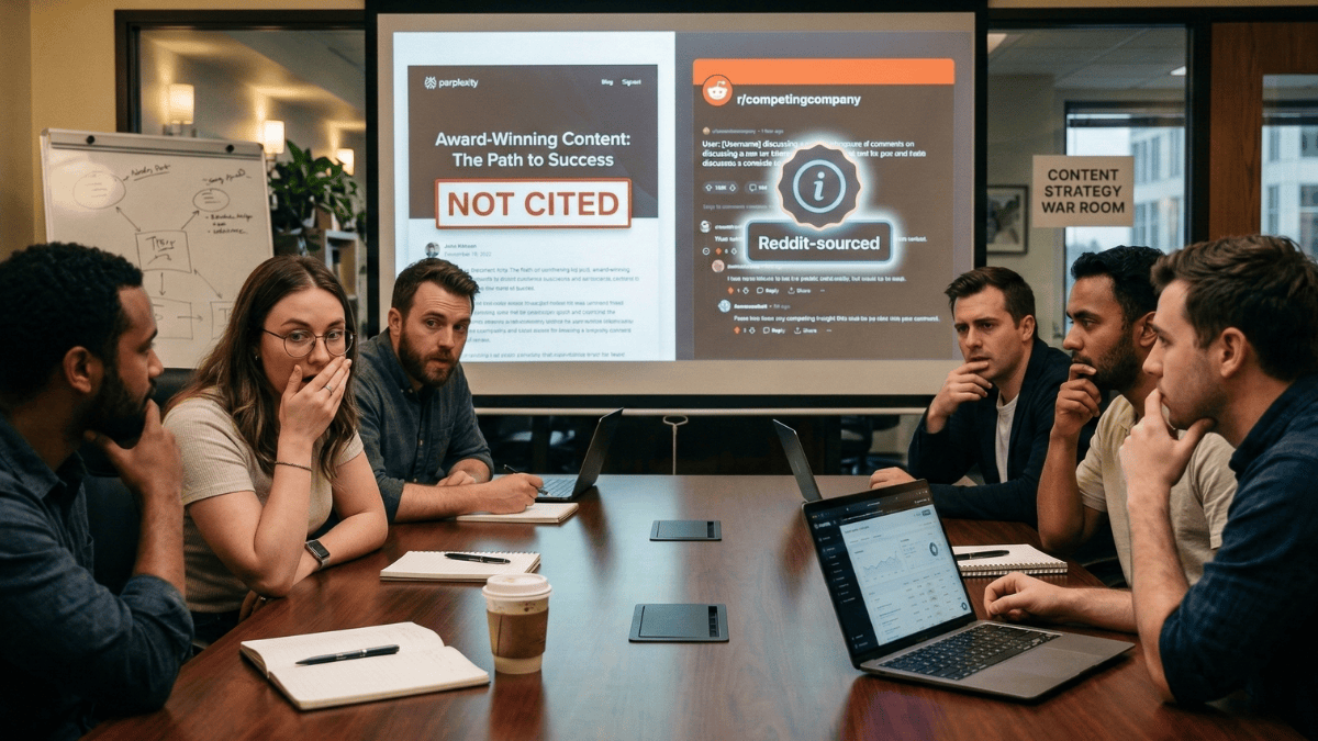 A group of coworkers in front of a screen showing a "not cited" image.