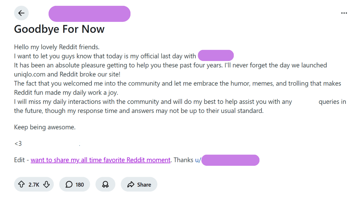 A brand manager posts a farewell post when she leaves the brand on Reddit.