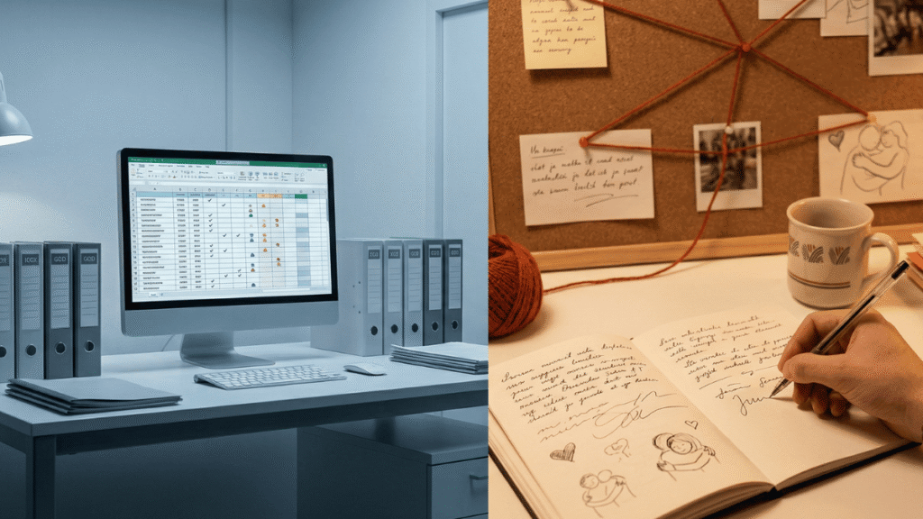 Side by side images showing two different types of workplaces, one clean and techy, the other cozy and analog.