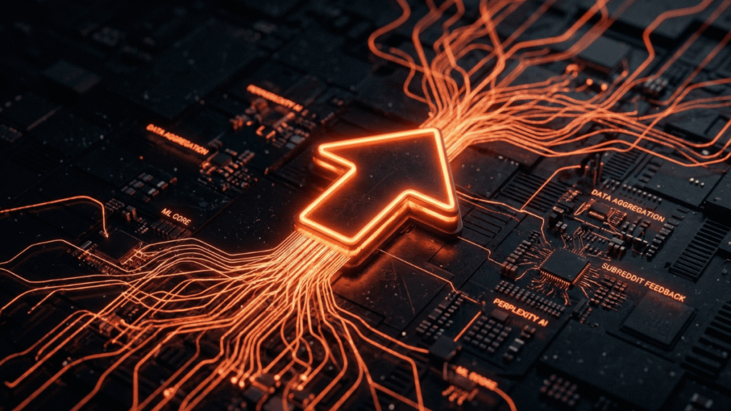 An orange upvote on a motherboard.