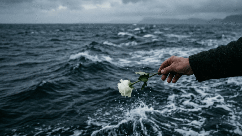 A hand dropping a rose into the sea.