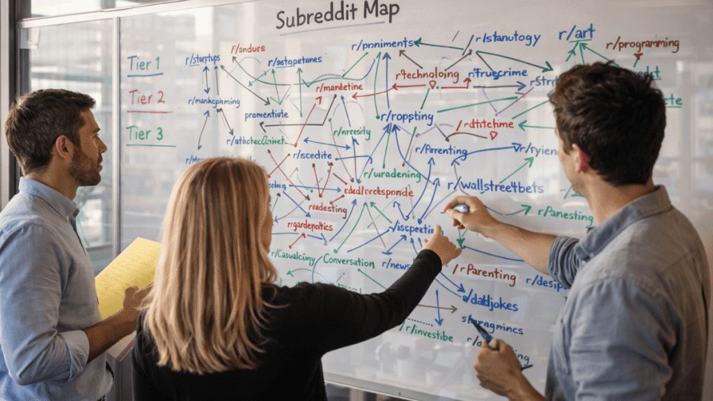 Three coworkers reviewing a subreddit map.