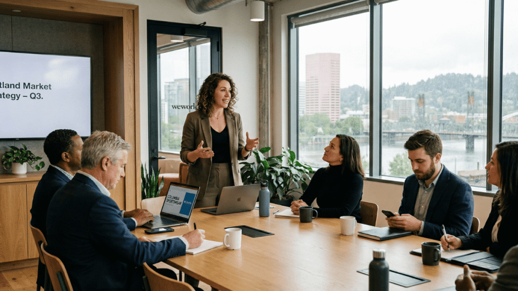 A brand strategist talking with the team about content strategy.